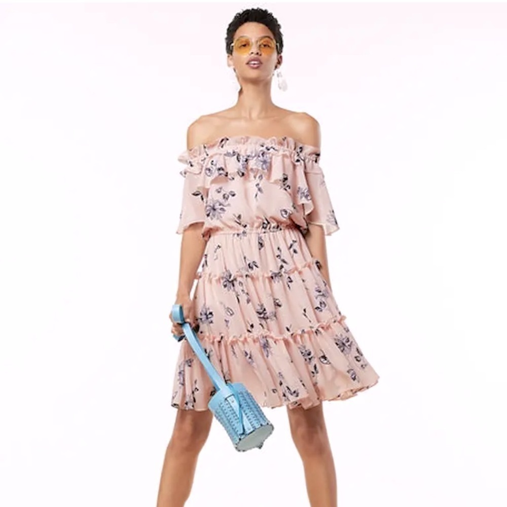 SHOSHANNA LORA OFF THE SHOULDER RUFFLED SHORT SLEEVE PASTEL FLORAL DRESS SIZE 6